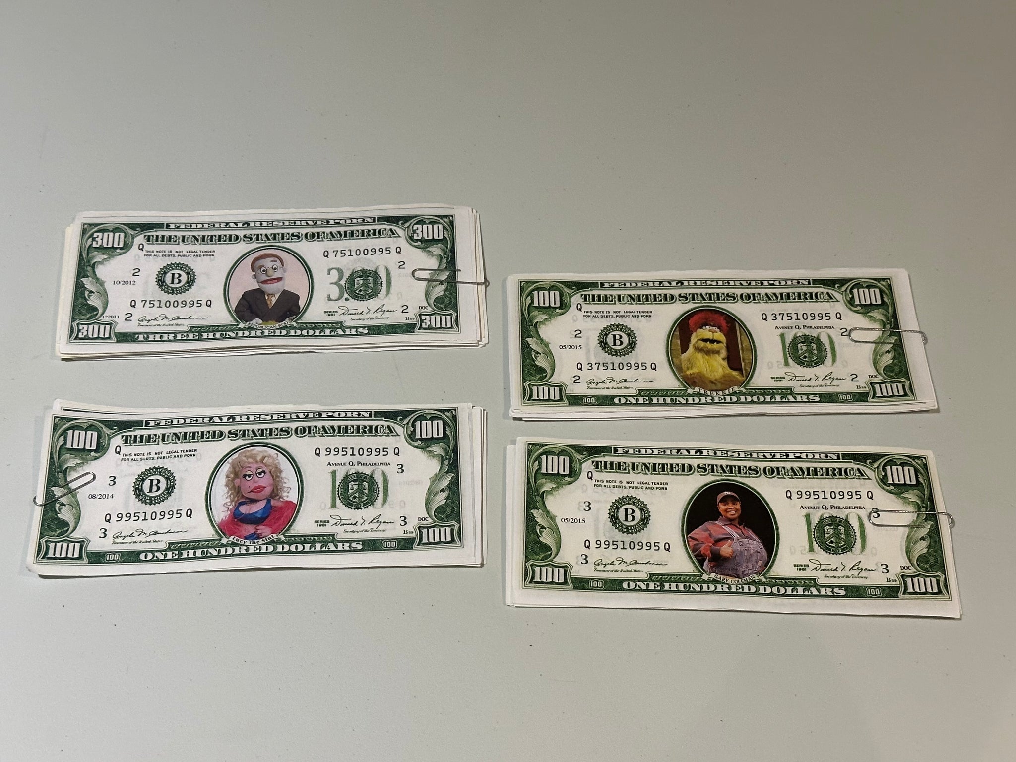 AVENUE Q Dollar Bill props (bundle of 4) from Off-Broadway production at New World Stage